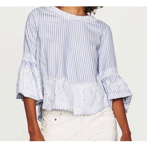 Zara Tops - ZARA Striped Blue White Blouse Top Lace Detail